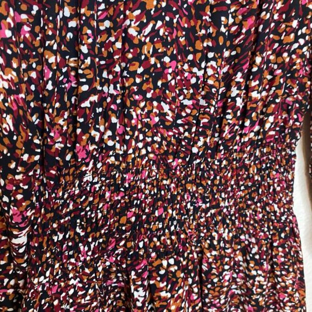 THML Burgundy Abstract‎ Confetti Smocked Waist Ruffle Neck Mini Dress Size S - Picture 5 of 13